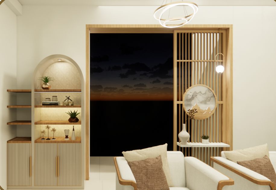 Living room interior design with wooden swing by AR Constructions & Realtors